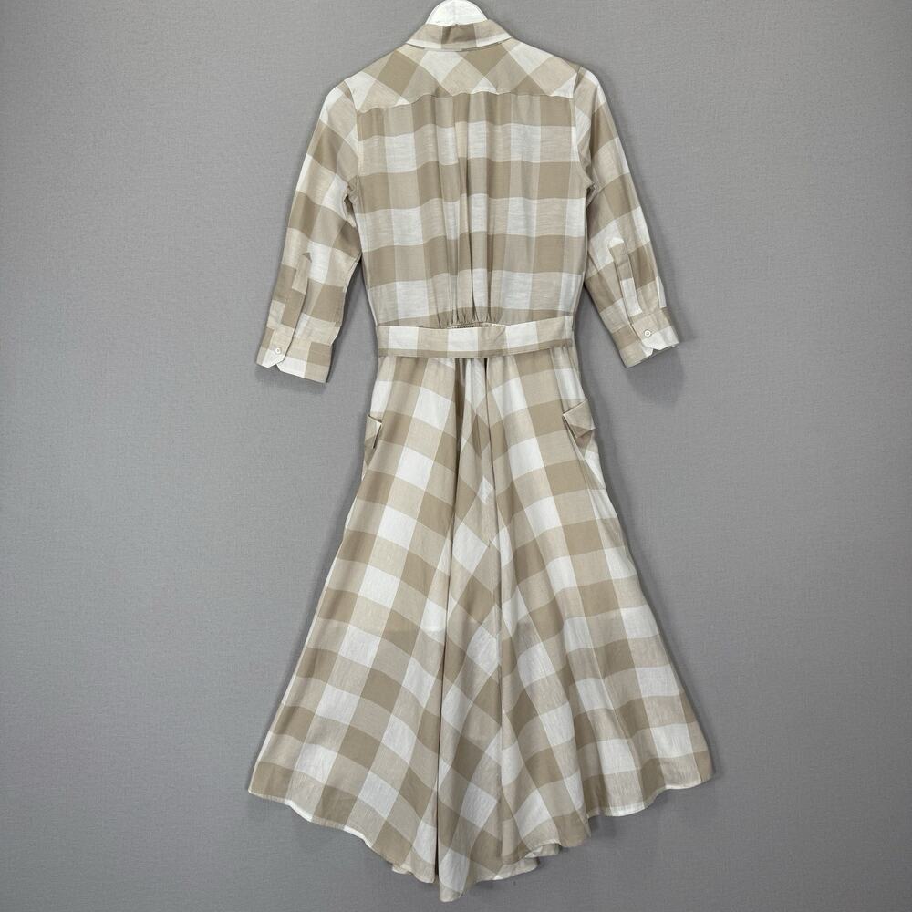Sara Roka Drake Belted Dress‎ Womens 40 Beige Linen Gingham Shirt Midi Cottage - Picture 6 of 16